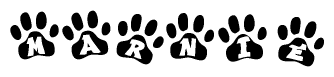 The image shows a series of animal paw prints arranged in a horizontal line. Each paw print contains a letter, and together they spell out the word Marnie.