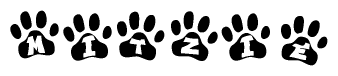 The image shows a series of animal paw prints arranged in a horizontal line. Each paw print contains a letter, and together they spell out the word Mitzie.