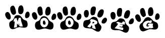The image shows a row of animal paw prints, each containing a letter. The letters spell out the word Mooreg within the paw prints.