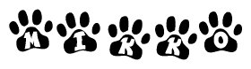 The image shows a series of animal paw prints arranged in a horizontal line. Each paw print contains a letter, and together they spell out the word Mikko.