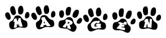 The image shows a row of animal paw prints, each containing a letter. The letters spell out the word Margen within the paw prints.