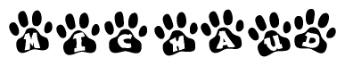 The image shows a series of animal paw prints arranged horizontally. Within each paw print, there's a letter; together they spell Michaud