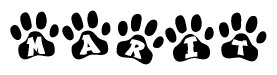 The image shows a row of animal paw prints, each containing a letter. The letters spell out the word Marit within the paw prints.