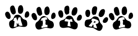 The image shows a series of animal paw prints arranged in a horizontal line. Each paw print contains a letter, and together they spell out the word Mitri.