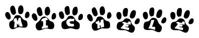The image shows a series of animal paw prints arranged horizontally. Within each paw print, there's a letter; together they spell Michele