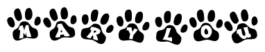 The image shows a series of animal paw prints arranged horizontally. Within each paw print, there's a letter; together they spell Marylou