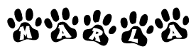 The image shows a series of animal paw prints arranged in a horizontal line. Each paw print contains a letter, and together they spell out the word Marla.