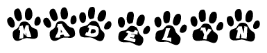 The image shows a series of animal paw prints arranged in a horizontal line. Each paw print contains a letter, and together they spell out the word Madelyn.