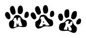 The image shows a series of animal paw prints arranged horizontally. Within each paw print, there's a letter; together they spell Mak