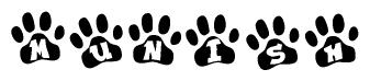 The image shows a series of animal paw prints arranged horizontally. Within each paw print, there's a letter; together they spell Munish