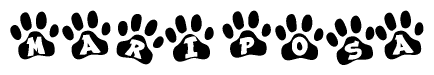 The image shows a series of animal paw prints arranged in a horizontal line. Each paw print contains a letter, and together they spell out the word Mariposa.