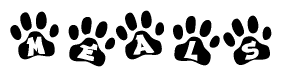 The image shows a row of animal paw prints, each containing a letter. The letters spell out the word Meals within the paw prints.