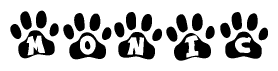 The image shows a series of animal paw prints arranged horizontally. Within each paw print, there's a letter; together they spell Monic