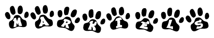 The image shows a row of animal paw prints, each containing a letter. The letters spell out the word Markiels within the paw prints.