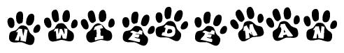 The image shows a series of animal paw prints arranged horizontally. Within each paw print, there's a letter; together they spell Nwiedeman