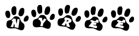 The image shows a series of animal paw prints arranged horizontally. Within each paw print, there's a letter; together they spell Nyree