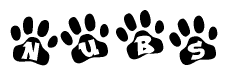 The image shows a series of animal paw prints arranged horizontally. Within each paw print, there's a letter; together they spell Nubs