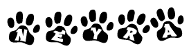 The image shows a series of animal paw prints arranged horizontally. Within each paw print, there's a letter; together they spell Neyra