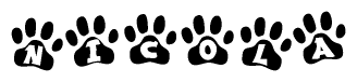 The image shows a series of animal paw prints arranged horizontally. Within each paw print, there's a letter; together they spell Nicola