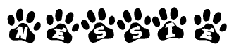 The image shows a series of animal paw prints arranged in a horizontal line. Each paw print contains a letter, and together they spell out the word Nessie.