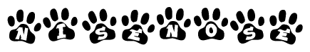 The image shows a series of animal paw prints arranged horizontally. Within each paw print, there's a letter; together they spell Nisenose