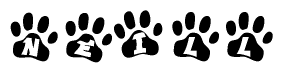 The image shows a series of animal paw prints arranged in a horizontal line. Each paw print contains a letter, and together they spell out the word Neill.