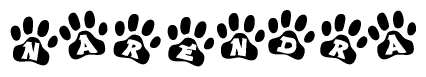 The image shows a series of animal paw prints arranged in a horizontal line. Each paw print contains a letter, and together they spell out the word Narendra.