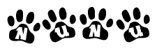The image shows a series of animal paw prints arranged in a horizontal line. Each paw print contains a letter, and together they spell out the word Nunu.