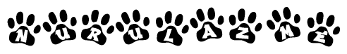 The image shows a series of animal paw prints arranged in a horizontal line. Each paw print contains a letter, and together they spell out the word Nurulazme.