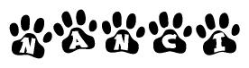The image shows a series of animal paw prints arranged in a horizontal line. Each paw print contains a letter, and together they spell out the word Nanci.