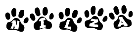The image shows a series of animal paw prints arranged horizontally. Within each paw print, there's a letter; together they spell Nilza