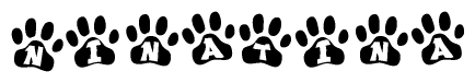 The image shows a series of animal paw prints arranged horizontally. Within each paw print, there's a letter; together they spell Ninatina