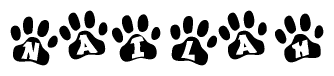 The image shows a series of animal paw prints arranged horizontally. Within each paw print, there's a letter; together they spell Nailah
