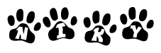 The image shows a row of animal paw prints, each containing a letter. The letters spell out the word Niky within the paw prints.