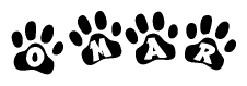 The image shows a series of animal paw prints arranged horizontally. Within each paw print, there's a letter; together they spell Omar