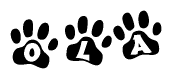 The image shows a row of animal paw prints, each containing a letter. The letters spell out the word Ola within the paw prints.