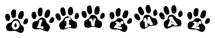 The image shows a series of animal paw prints arranged in a horizontal line. Each paw print contains a letter, and together they spell out the word Olivemae.