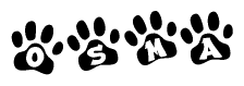 The image shows a row of animal paw prints, each containing a letter. The letters spell out the word Osma within the paw prints.