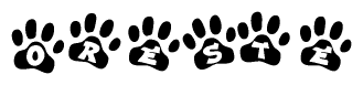 The image shows a series of animal paw prints arranged in a horizontal line. Each paw print contains a letter, and together they spell out the word Oreste.