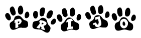 The image shows a series of animal paw prints arranged horizontally. Within each paw print, there's a letter; together they spell Prijo
