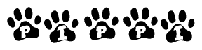 The image shows a series of animal paw prints arranged horizontally. Within each paw print, there's a letter; together they spell Pippi