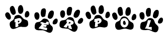 The image shows a series of animal paw prints arranged in a horizontal line. Each paw print contains a letter, and together they spell out the word Perpol.