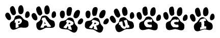 The image shows a series of animal paw prints arranged horizontally. Within each paw print, there's a letter; together they spell Parrucci