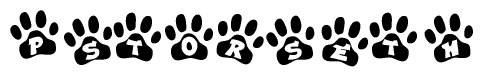 The image shows a series of animal paw prints arranged in a horizontal line. Each paw print contains a letter, and together they spell out the word Pstorseth.