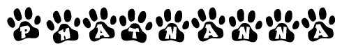 The image shows a series of animal paw prints arranged in a horizontal line. Each paw print contains a letter, and together they spell out the word Phatnanna.