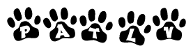 The image shows a row of animal paw prints, each containing a letter. The letters spell out the word Patlv within the paw prints.