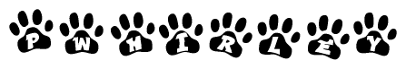 The image shows a series of animal paw prints arranged in a horizontal line. Each paw print contains a letter, and together they spell out the word Pwhirley.
