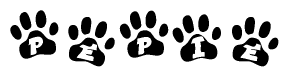 The image shows a series of animal paw prints arranged horizontally. Within each paw print, there's a letter; together they spell Pepie