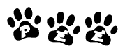 The image shows a row of animal paw prints, each containing a letter. The letters spell out the word Pee within the paw prints.