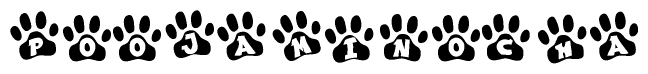 The image shows a series of animal paw prints arranged horizontally. Within each paw print, there's a letter; together they spell Poojaminocha